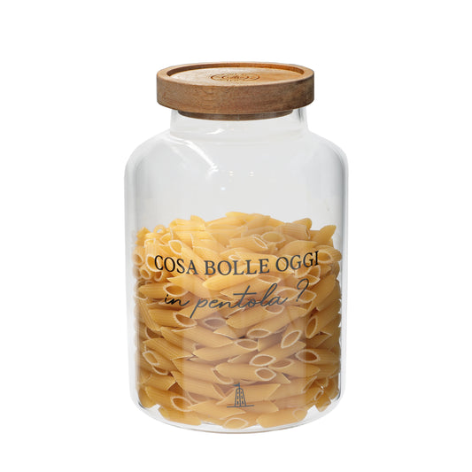 Barattolo per pasta in vetro borosilicato trasparente decorato con tappo ermetico in legno scuro cm ø 13 x h 20 - 1800 ml. In negozio e online su tuttochic.live