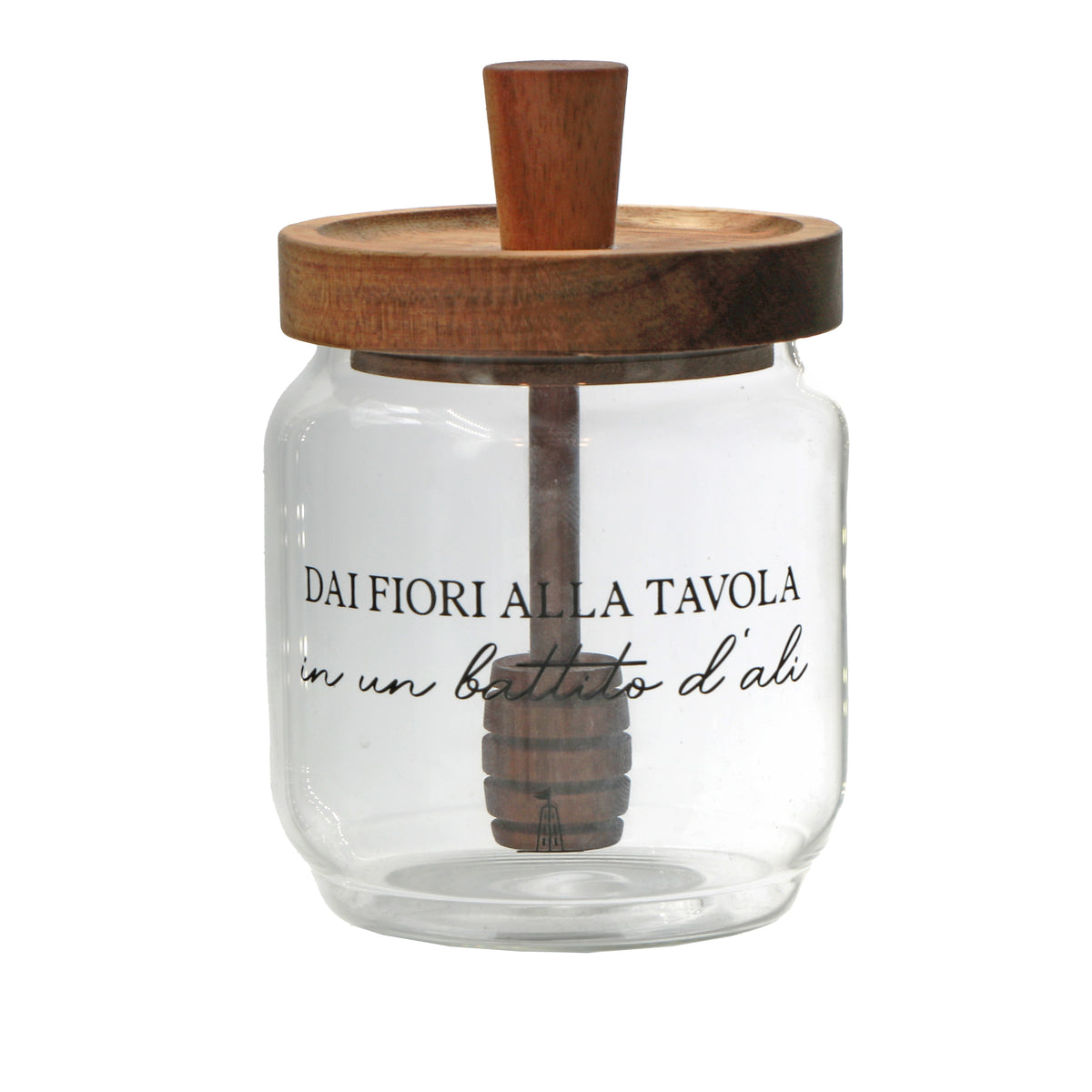 Mieliera in vetro borosilicato trasparente decorato con tappo servimiele ermetico in legno scuro cm ø 9 x h 13 - 400 ml. In negozio e online su tuttochic.live