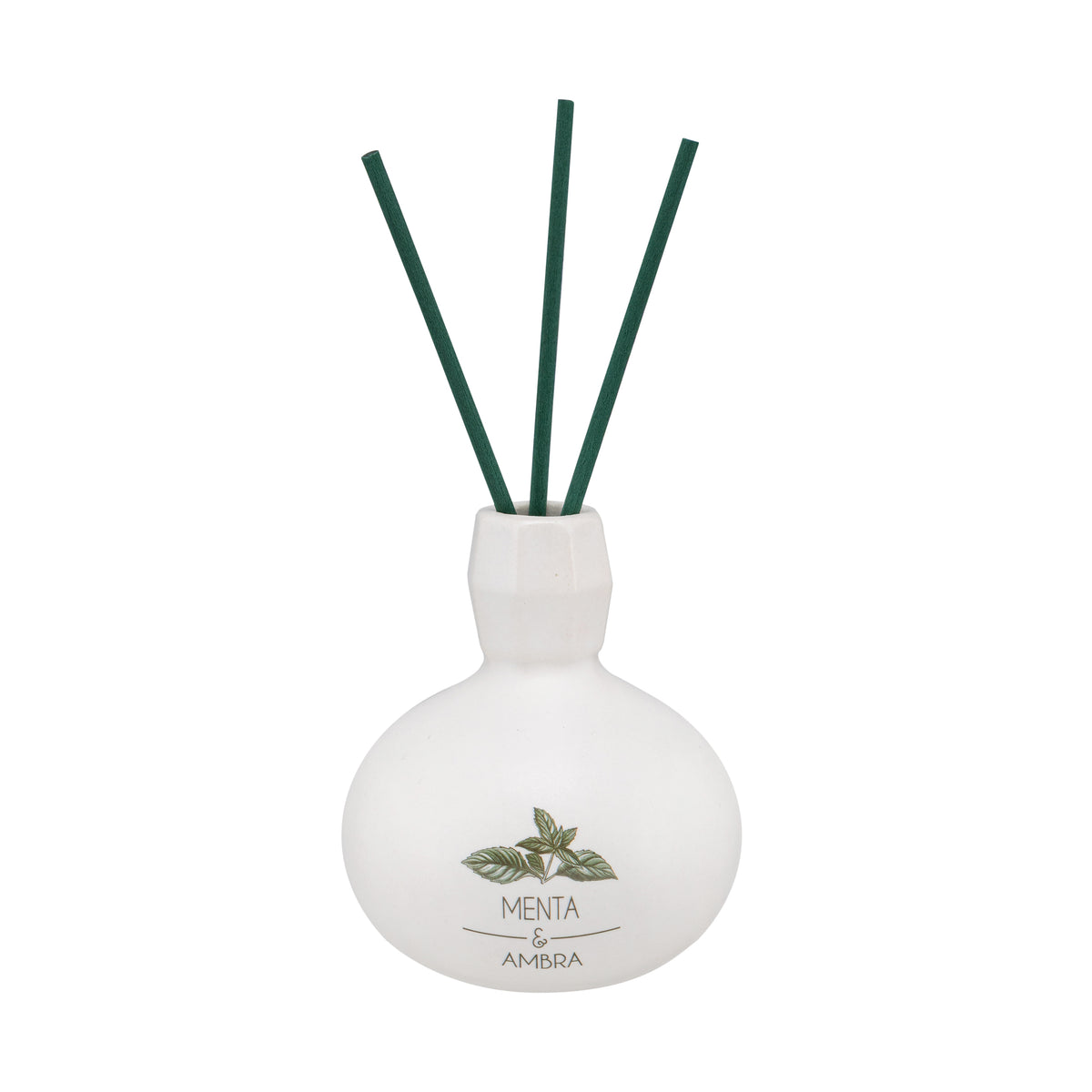 Diffusore di profumo per ambiente Menta e Ambra in porcellana bianca decorata con bastoncini. Capacità: 50 ml.