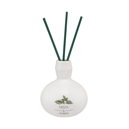 Diffusore di profumo per ambiente Menta e Ambra in porcellana bianca decorata con bastoncini. Capacità: 50 ml.