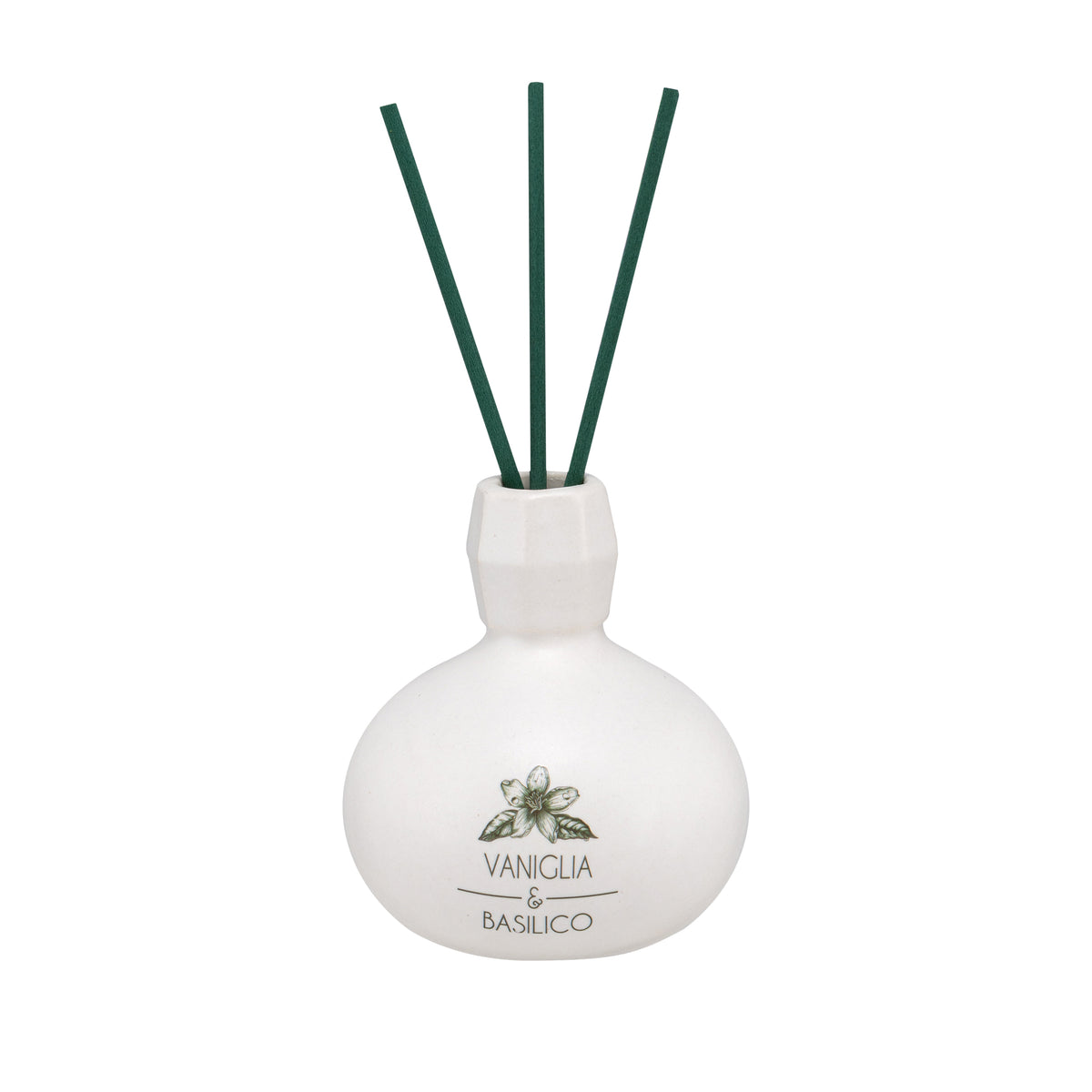 Diffusore di profumo per ambiente Vaniglia e Basilico in porcellana bianca decorata con bastoncini. Capacità: 50 ml