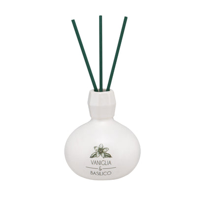 Diffusore di profumo per ambiente Vaniglia e Basilico in porcellana bianca decorata con bastoncini. Capacità: 50 ml