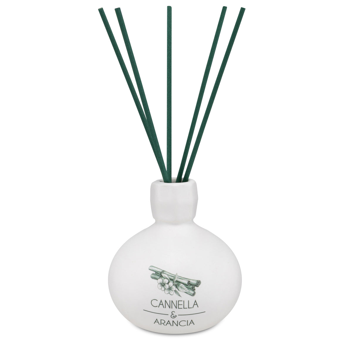 Diffusore di profumo per ambiente Cannella e Arancia in porcellana bianca decorata con bastoncini. Capacità: 120 ml. In negozio e online su tuttochic.live