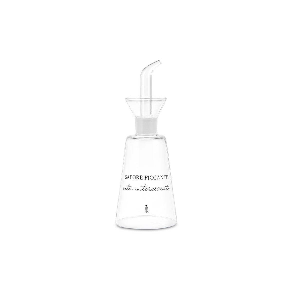 Oliera in vetro borosilicato trasparente con scritta a tema peperoncino collezione I Garbati.