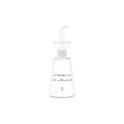 Oliera in vetro borosilicato trasparente con scritta a tema peperoncino collezione I Garbati.