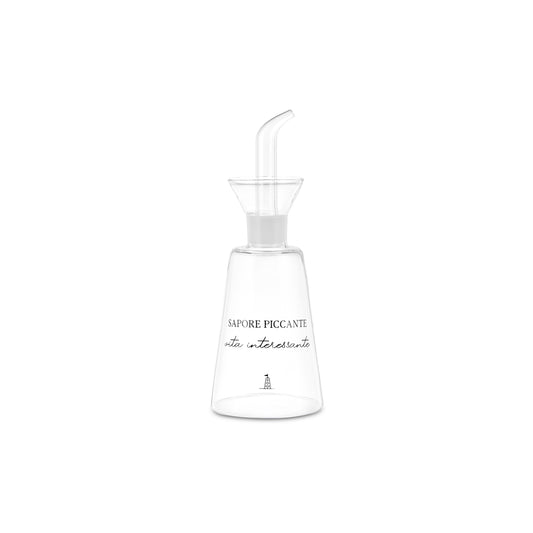 Oliera in vetro borosilicato trasparente con scritta a tema peperoncino collezione I Garbati.