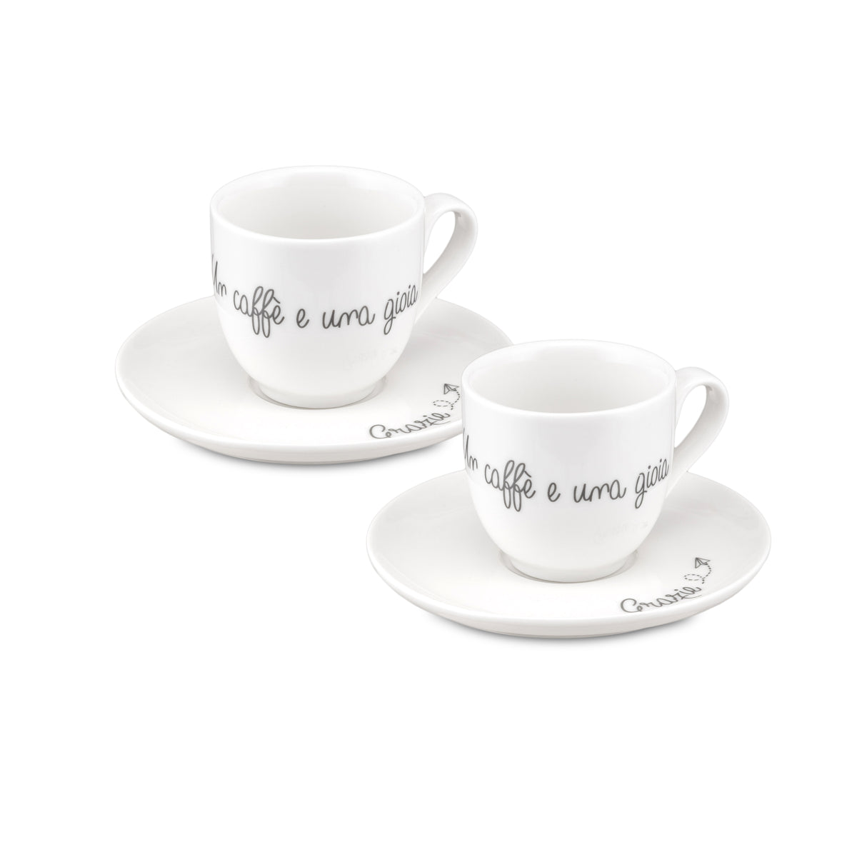 Set di due tazzine caffè in porcellana bianca con piattini e scritte emozionali collezione Gli Onesti.