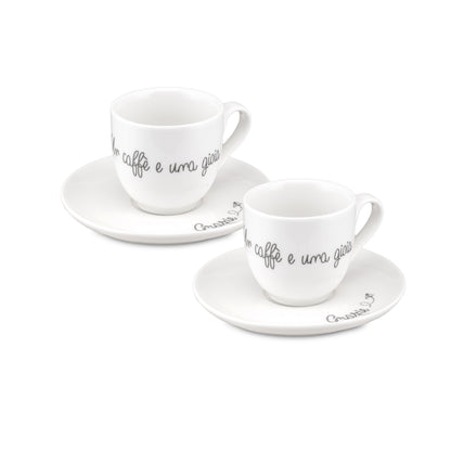 Set di due tazzine caffè in porcellana bianca con piattini e scritte emozionali collezione Gli Onesti.