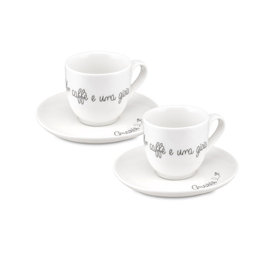 Set di due tazzine caffè in porcellana bianca con piattini e scritte emozionali collezione Gli Onesti.