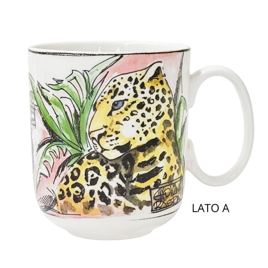 Mug in porcellana bianca con leopardo a rilievo di Giovanni Raspini.