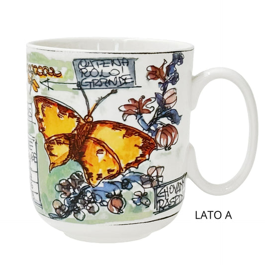 Mug in porcellana bianca con decoro farfalla a rilievo di Giovanni Raspini.