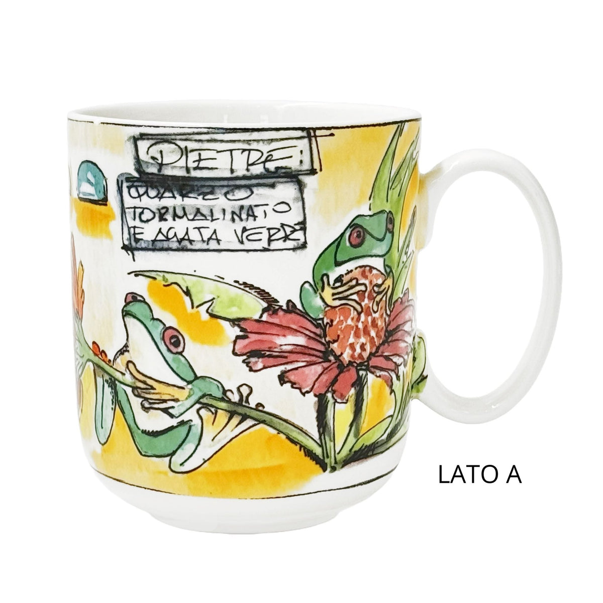 Mug in porcellana bianca con rana a rilievo di Giovanni Raspini, collezione Eden.