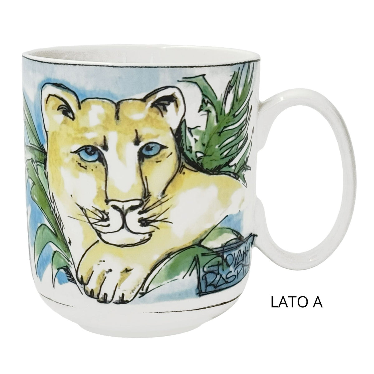Mug in porcellana bianca con pantera a rilievo di Giovanni Raspini, collezione Eden.