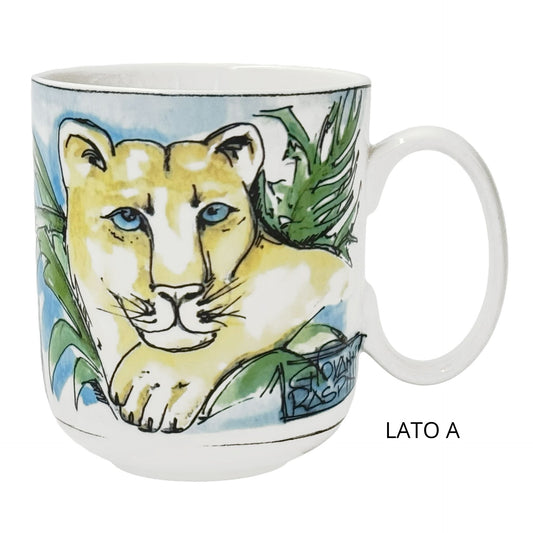 Mug in porcellana bianca con pantera a rilievo di Giovanni Raspini, collezione Eden.