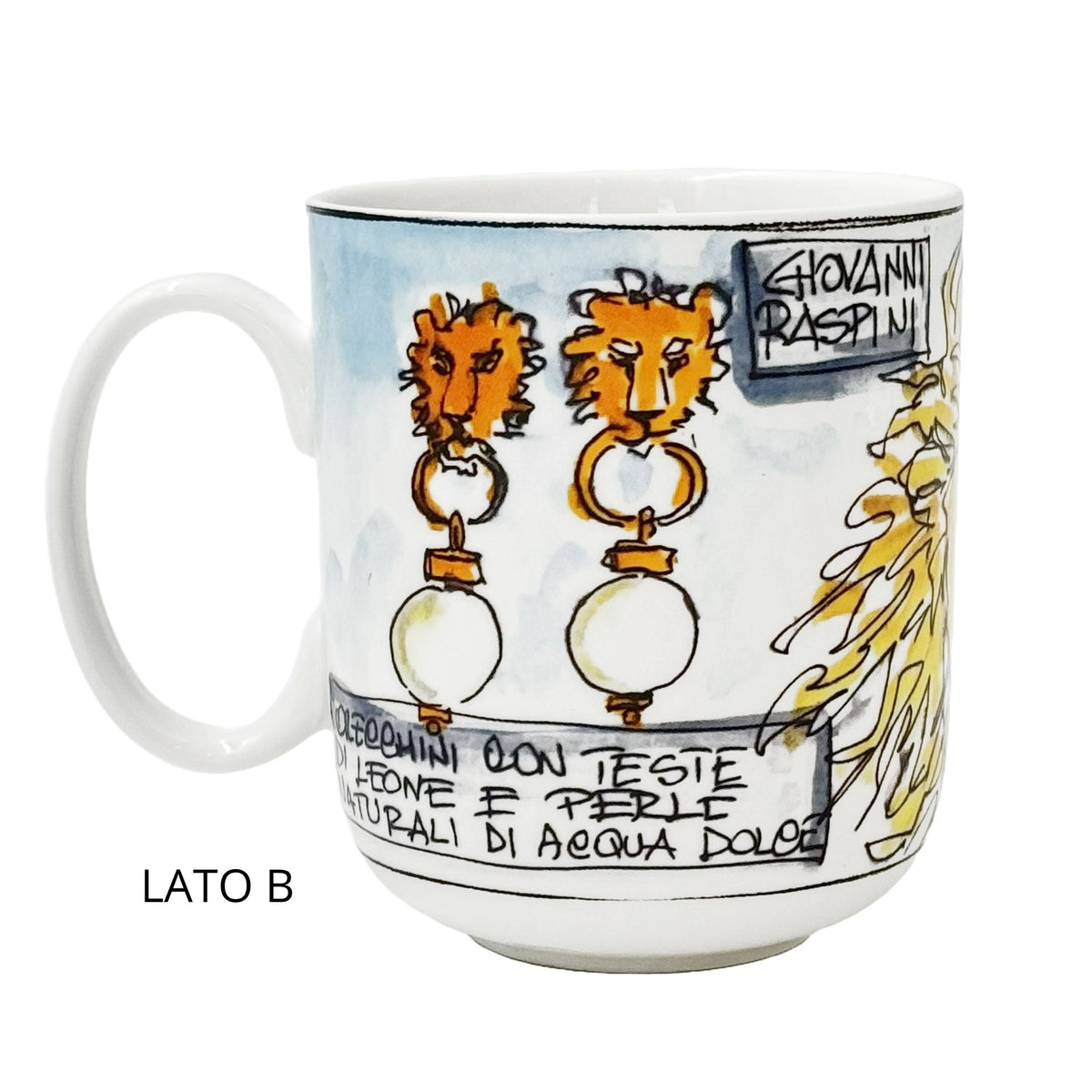 Mug in porcellana bianca con volto di leone a rilievo Giovanni Raspini.