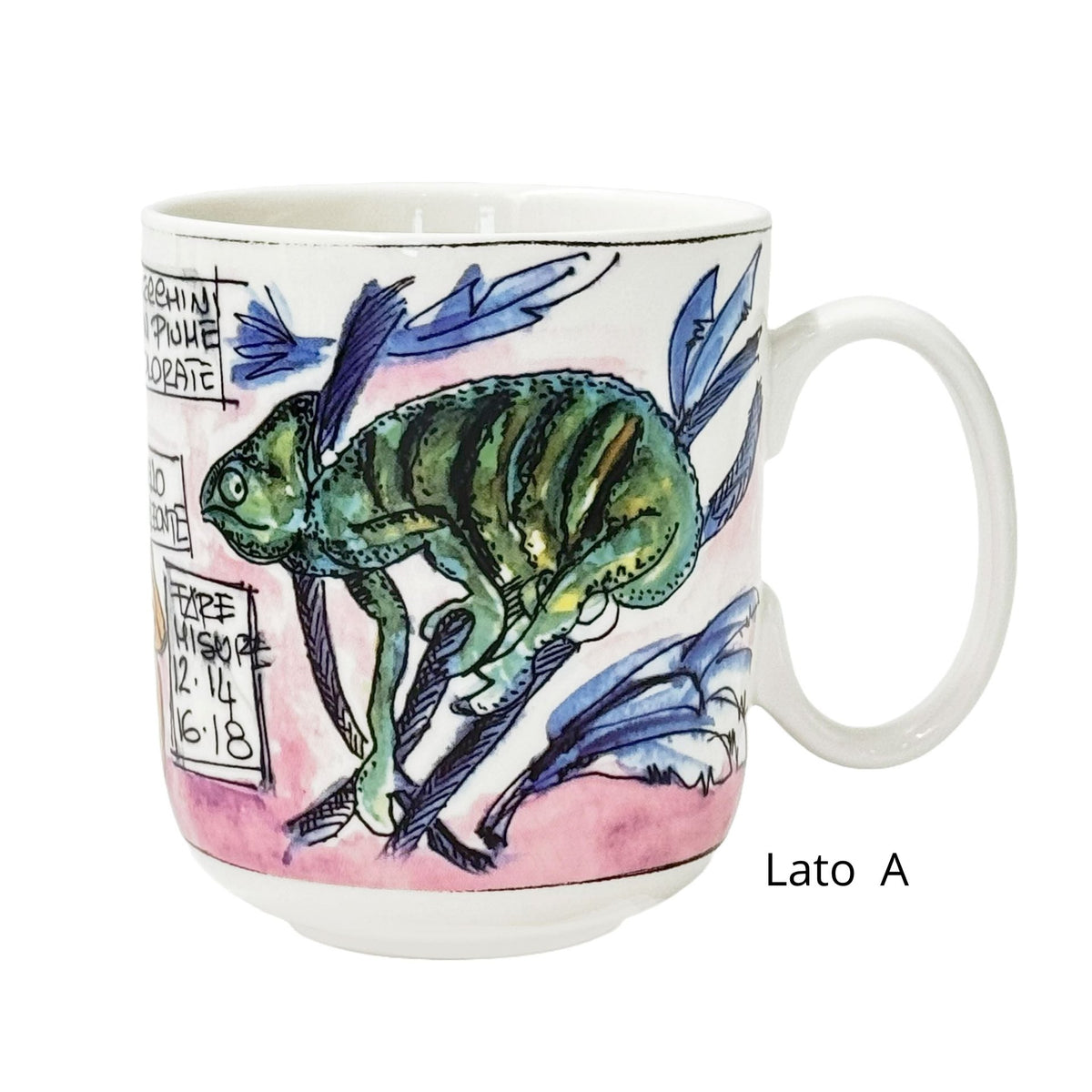 Mug in porcellana bianca con decoro Camaleonte Giovanni Raspini, vista frontale.