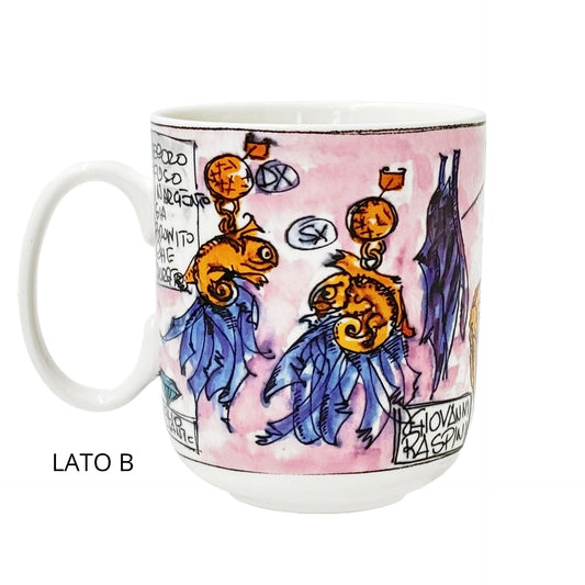 Mug in porcellana bianca con decoro Camaleonte Giovanni Raspini, vista frontale.