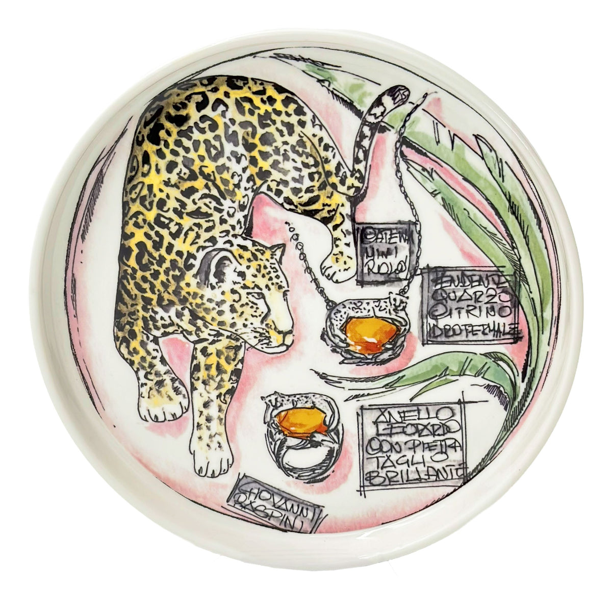 Piattino svuotatasche in porcellana bianca con leopardo a rilievo di Giovanni Raspini.