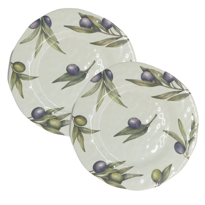 Set di 2 piatti piani in melamina decorati con foglie e frutti d'ulivo. La melamina, un materiale resistente, leggero, altamente igienico e di facile manutenzione. Dimensioni singolo piatto: cm Ø 27. Lavabile in lavastoviglie. Non Utilizzabile in microonde e in forno tradizionale. In negozio e online su tuttochic.live