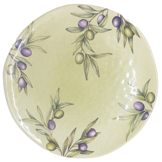 Vassoio rotondo in melamina con decoro di foglie e frutti d'ulivo. La melamina, un materiale resistente, leggero, altamente igienico e di facile manutenzione. Dimensioni cm Ø 42. Lavabile in lavastoviglie. Non Utilizzabile in microonde e in forno tradizionale. In negozio e online su tuttochic.live