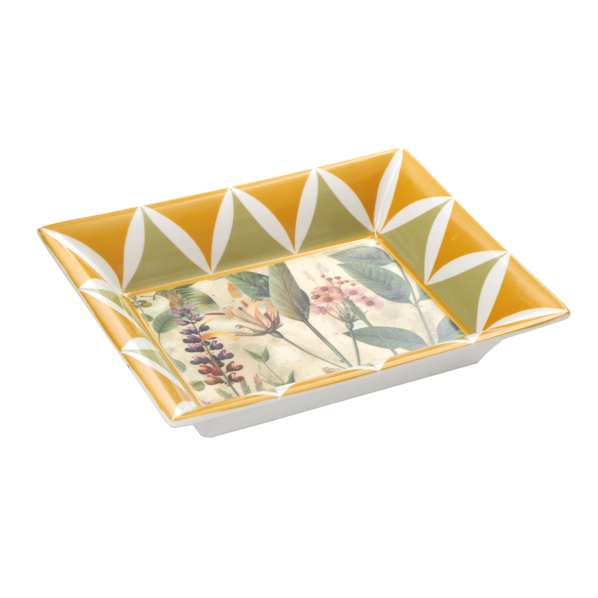Eleva il tuo spazio con l'elegante svuotatasche MIRABILIA in porcellana decorata. Dimensioni: cm 16 x 19,5 x h 3,5. In negozio e online su tuttochic.live