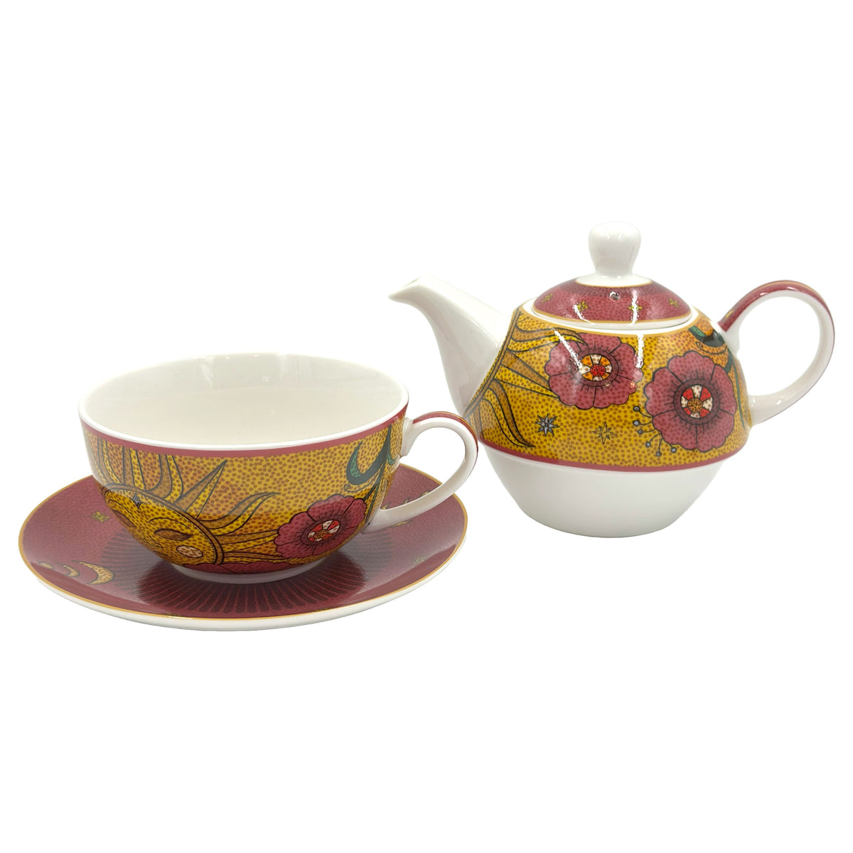 Set Tea for One in porcellana decorata – 400 ml – Rose & Tulipani – collezione Mirabilia – decoro Sole & Luna – con confezione regalo

