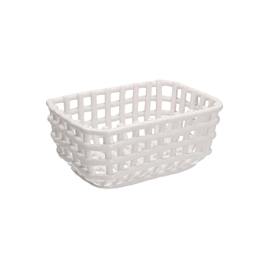 Cestino rettangolare portapane in porcellana fatto a mano di colore bianco. "Collezione Catturata" di Rituali domestici Dimensioni: 28 x 20 x 12.5 h cm. In negozio e online su tuttochic.live