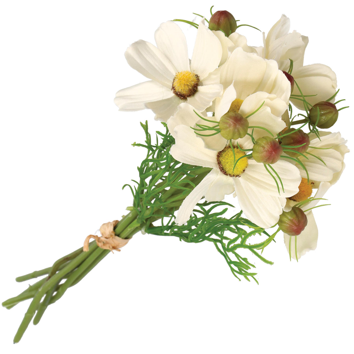 Mazzetto di fiori Cosmos bianchi artificiali, petali in tessuto steli in plastica. Dimensioni: altezza cm 26. In negozio e online su tuttochic.live