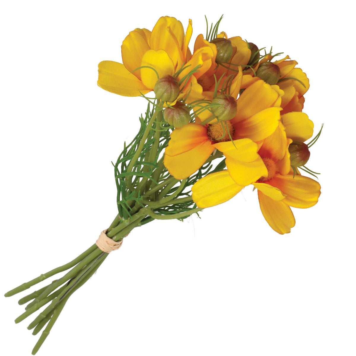 Mazzetto di fiori Cosmos gialli artificiali, petali in tessuto steli in plastica. Dimensioni: altezza cm 26. In negozio e online su tuttochic.live