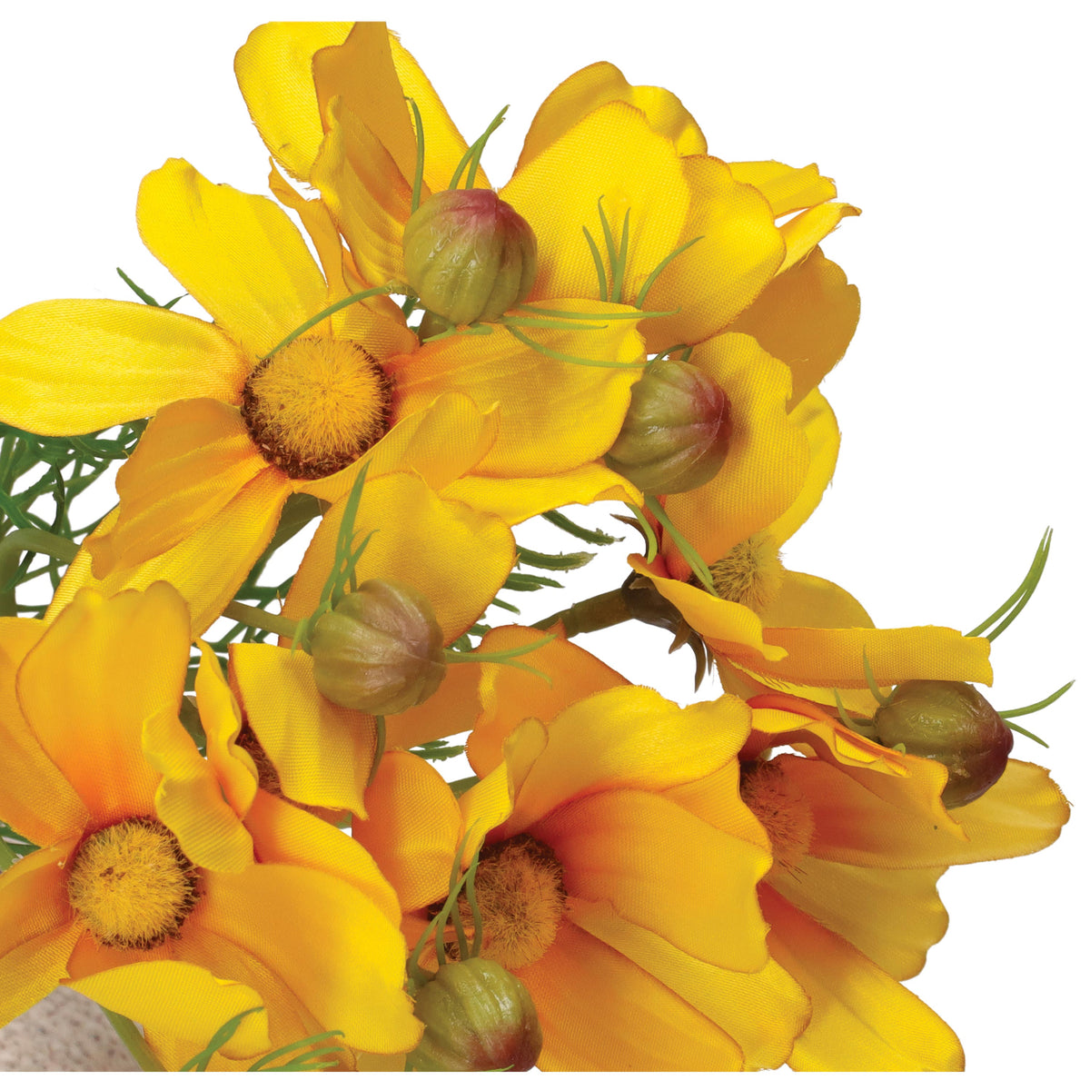 Mazzetto di fiori Cosmos gialli artificiali, petali in tessuto steli in plastica. Dimensioni: altezza cm 26. In negozio e online su tuttochic.live