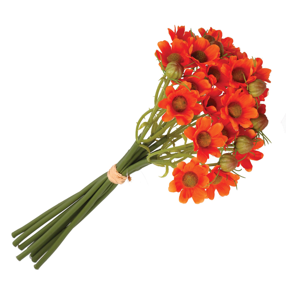 Mazzetto di margherite arancio artificiali, petali in tessuto steli in plastica. Dimensioni: altezza cm 29. In negozio e online su tuttochic.live