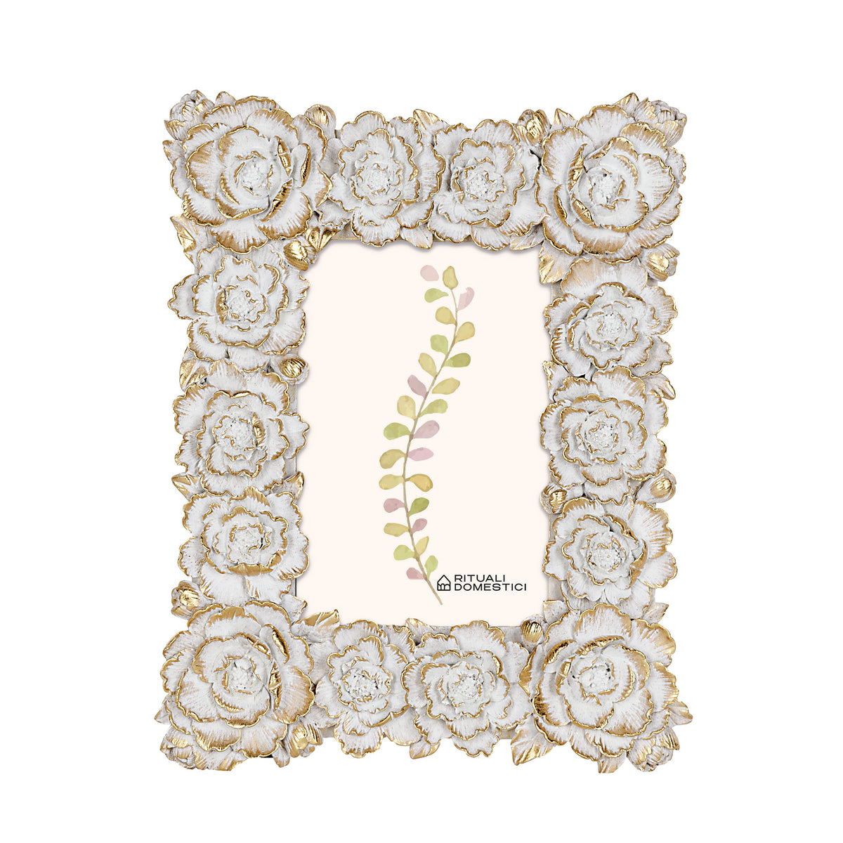 portafoto in pregiata resina con decoro fiori color bianco e oro, Disponibile in più misure per foto 20x25 - 15x20 - 10x15. In negozio e online su tuttochic.live