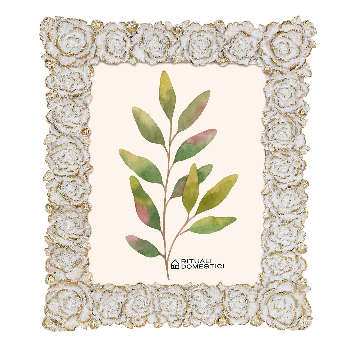 portafoto in pregiata resina con decoro fiori color bianco e oro, Disponibile in più misure per foto 20x25 - 15x20 - 10x15. In negozio e online su tuttochic.live