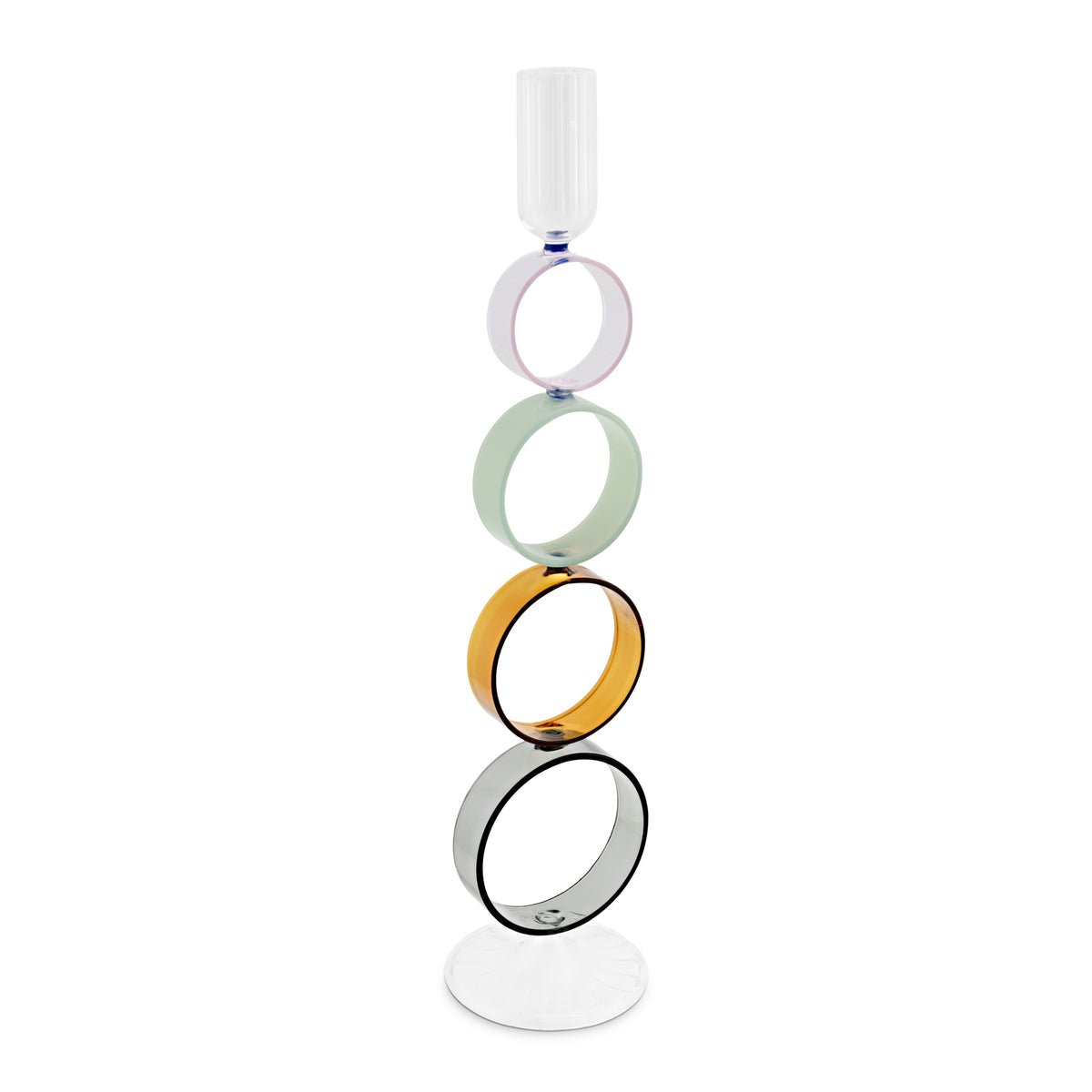 Crea un'atmosfera di classe e raffinatezza nella tua casa con il portacandela della collezione  "Cerchiando" di Rituali Domestici. Realizzato in vetro borosilicato, questo portacandela aggiunge un tocco di eleganza e resistenza al tuo spazio. Dimensioni: Ø 8 x 34.5 h cm. In negozio e online su tuttochic.live 