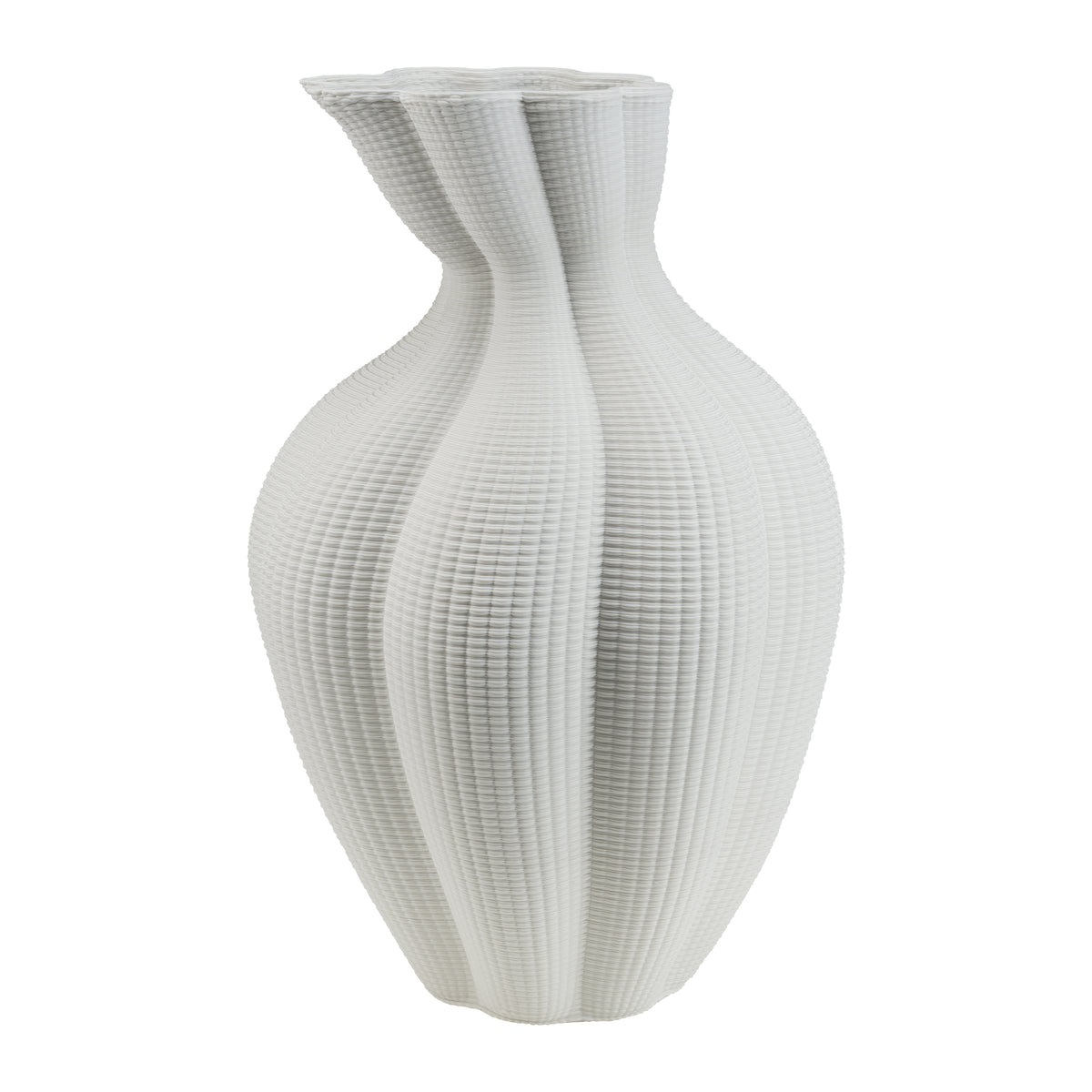 Vaso decorativo obliquo L "Atena". Realizzato in ceramica di colore bianco con stampante 3D, Dimensioni: cm Ø 25 x 39 h. In negozio e online su tuttochic.live