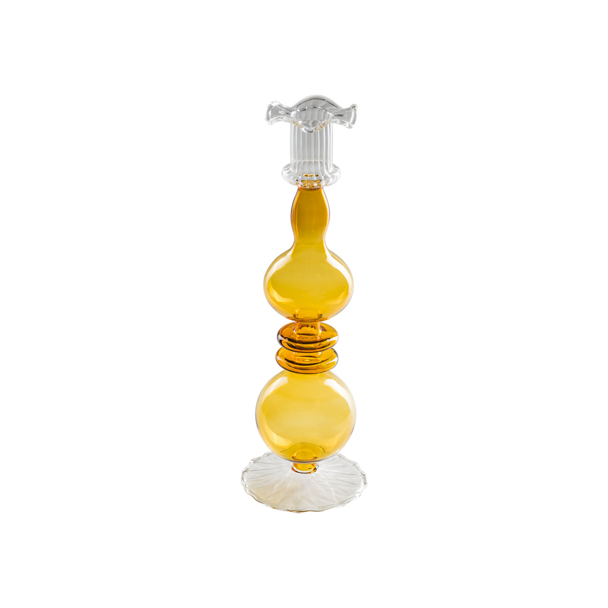 Portacandela "Allacorte". Realizzato in vetro borosilicato con tonalità di colore ambra. Dimensioni: Ø 9 x 28 h cm. In negozio e online su tuttochic.live 