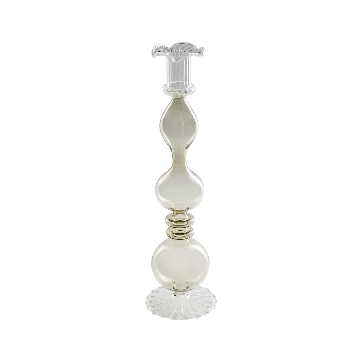 Portacandela "Allacorte". Realizzato in vetro borosilicato con tonalità di colore fumè. Dimensioni: Ø 9 x 32.5 h cm. In negozio e online su tuttochic.live 