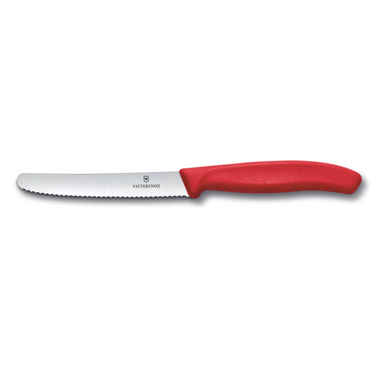 Coltello professionale da tavola e pomodoro Victorinox Swiss Classic con lama in acciaio inossidabile a filo ondulato da 11 cm e manico ergonomico rosso, Tutto Chic.