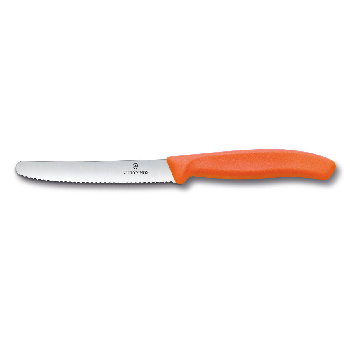 Coltello professionale da tavola e pomodoro Victorinox Swiss Classic con lama in acciaio inossidabile a filo ondulato da 11 cm e manico ergonomico arancione, Tutto Chic.