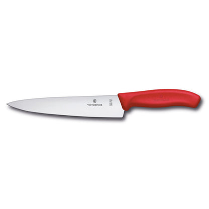 Coltello da chef Victorinox Swiss Classic con lama in acciaio inox da 19 cm e manico ergonomico rosso su sfondo bianco.