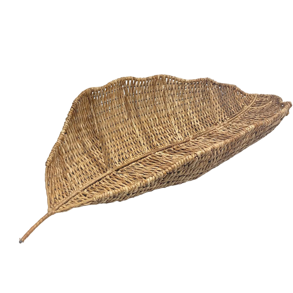 Vassoio decorativo a forma di foglia maxi in fibra vegetale intrecciata con telaio in metallo, lunghezza 92 cm, stile etnico e rustico Tutto Chic.