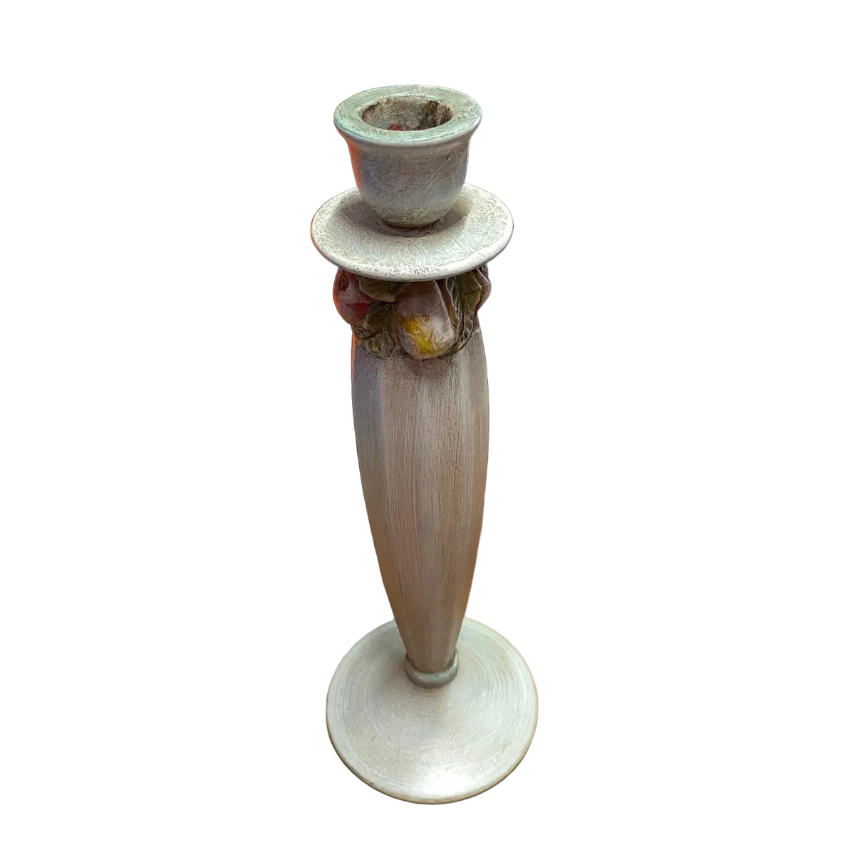 Portacandela in ceramica Bosa Ceramiche collezione Melrose, base verde con decoro di frutta in rilievo, design artigianale vintage Made in Italy, Tutto Chic.