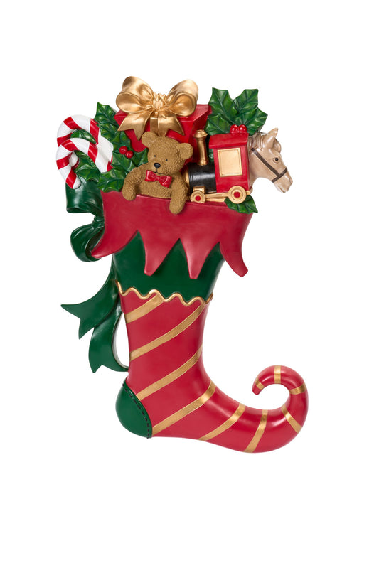Maxi calza di Natale decorativa da parete Vintage Toys di Nuvole di Stoffa in resina alta 78 cm, a strisce rosse e oro con giocattoli classici, orsetto, trenino e bastoncini di zucchero.