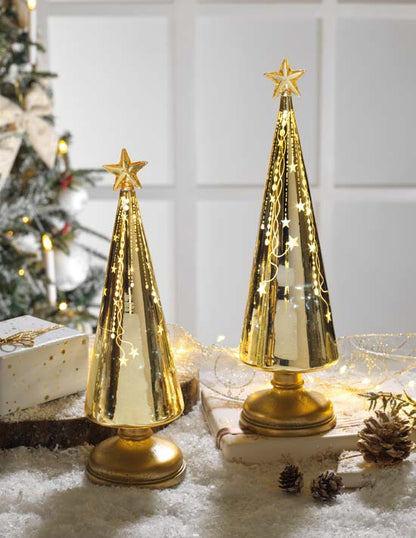 Realizzato in vetro color oro lucido e decorato con stelle, con led intermittenti. Dimensioni: cm 10x30 h Batterie incluse. In negozio e online su tuttochic.live