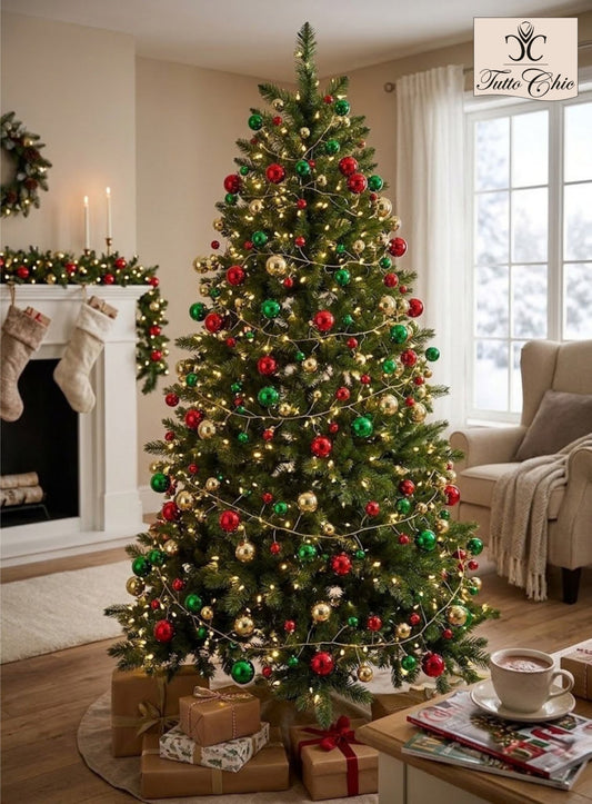 Festone natalizio Pallemix di EDG Enzo De Gasperi lungo 180 cm, composto da rami metallici flessibili con 100 sfere lucide nei colori rosso, verde e oro su un albero di natale.