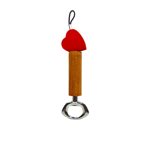 Apribottiglie a leva in metallo cromato con manico in legno d'acero e decoro con cuore rosso modello Cuore di Legnomagia.