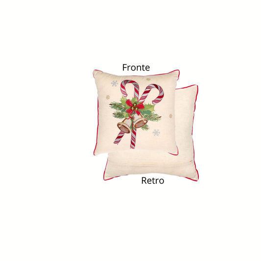 Cuscino natalizio 45x45 cm panna con ricamo di bastoncini di zucchero, fiocco rosso e campanellini dorati, collezione Christmas is Coming Nuvole di Stoffa, Tutto Chic.
