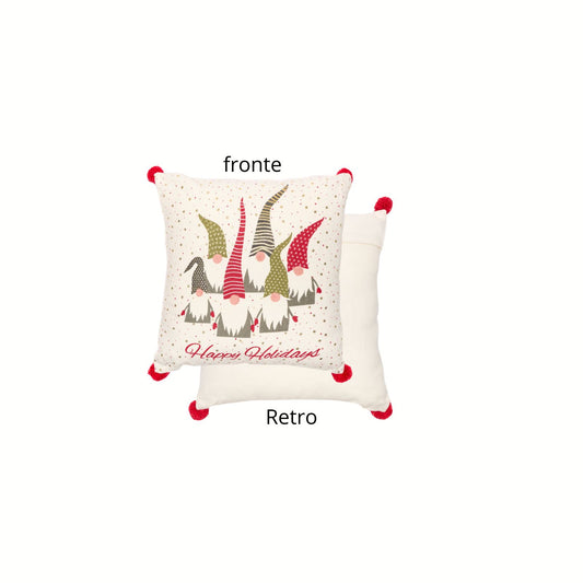 Cuscino natalizio 45x45 cm panna con sei gnomi colorati, scritta Happy Holidays e quattro pon pon rossi agli angoli, collezione Christmas is Coming Nuvole di Stoffa, Tutto Chic.