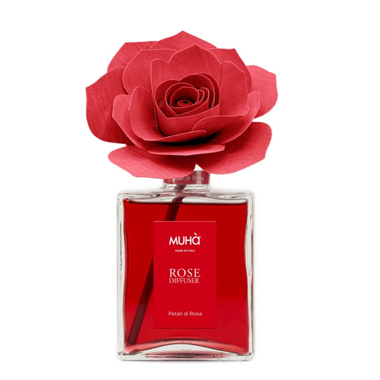 Profumatore d'ambiente Muhà Rose Diffuser Petali di Rosa in flacone grande squadrato di vetro.