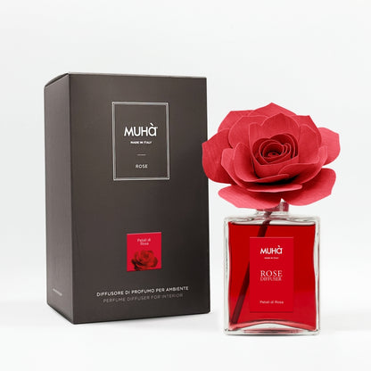 Profumatore d'ambiente Muhà Rose Diffuser Petali di Rosa in flacone grande squadrato di vetro.